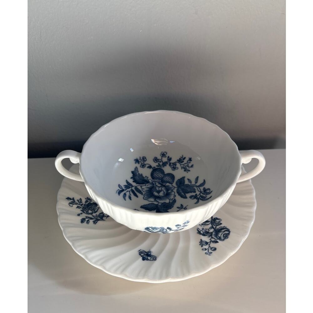 Royal Worcester Blue Sprays Footed Cream Soup Bowl & Saucer Set